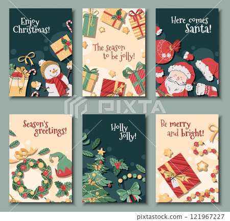 Set of Christmas greeting cards with a snowman, Santa Claus, Christmas tree and gifts on a green background in a flat cartoon style. Vector illustration for poster, banner, invitation, etc 121967227