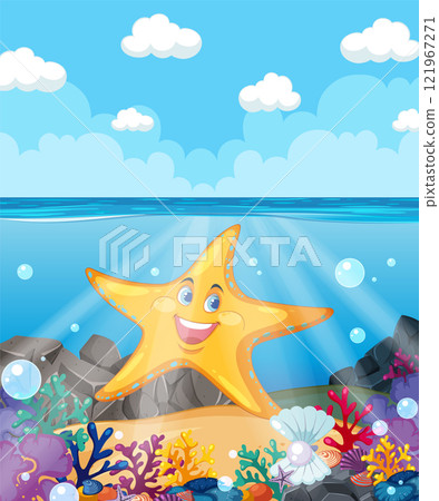 Cheerful Starfish in Vibrant Coral Reef 121967271