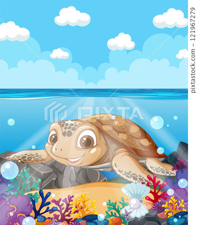 Smiling Sea Turtle in Vibrant Reef 121967279