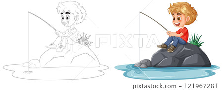 Boy Fishing on a Rock by Water 121967281