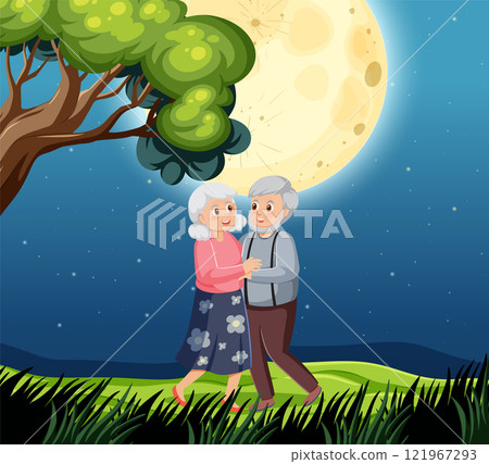 Elderly Couple Dancing Under the Moon 121967293