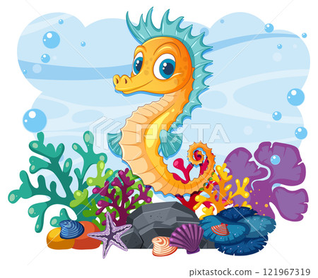 Colorful Seahorse in Vibrant Coral Reef 121967319