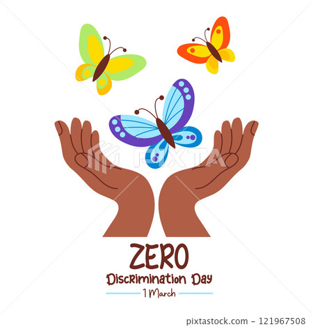 Zero discrimination day card. Multicolored rainbow butterflies fly out from dark-skinned palms of hands. International holiday 1 march. Butterfly as symbol. Vector illustration in flat style Zero discrimination day card. Multicolored rainbow butterflies fly out from dark-skinned palms of hands. International holiday 1 march. Butterfly as symbol. Vector illustration in flat style 121967508