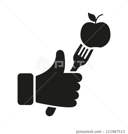 Solid Icon Of Thumbs Up With Fork And Apple, Approval Of Healthy Food And Diet. Health, Fitness, Nutrition And Wellness. Isolated Vector Illustration 121967513