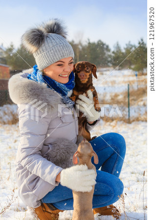 Woman playing with dogs during winter 121967520