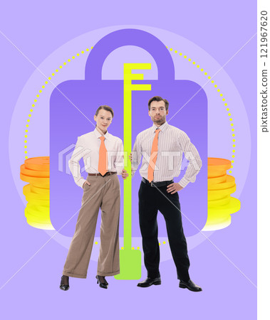 Graphic art design. Man and woman standing confidently with key in center, coins in background, symbolizing security and teamwork in finance. Graphic art design. Man and woman standing confidently with key in center, coins in background, symbolizing security and teamwork in finance. 121967620