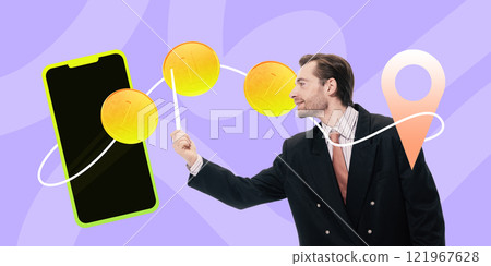 Conceptual art collage. Man pointing at coins circling phone and location icon, representing financial transactions and global connectivity. 121967628