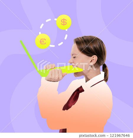 Modern artwork. Woman biting green laptop, symbolizing frustration with business or finance challenges, against purple background with money signs. 121967646