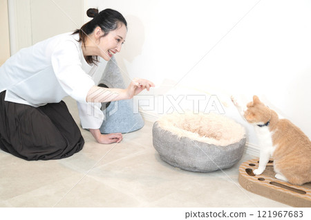 A middle-aged woman playing with a cat A middle-aged woman playing with a cat 121967683
