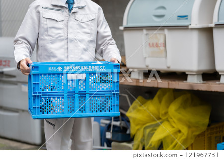 Man in work clothes collecting garbage Man in work clothes collecting garbage 121967731