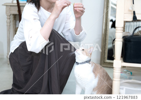 一位中年婦女正在和一隻貓玩耍 一位中年婦女正在和一隻貓玩耍 121967883