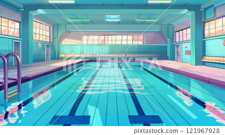 Cartoon-Style Indoor Public Pool with Lanes 121967928