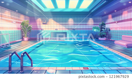 Pastel Indoor Pool with Soft Neon Lighting 121967929