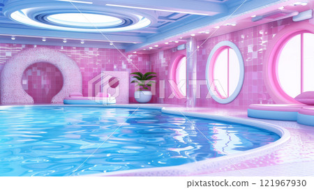 Candy Pink Indoor Pool with Circular Windows Candy Pink Indoor Pool with Circular Windows 121967930