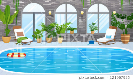 Indoor Pool Lounge with Brick Walls and Tropical Plants 121967935