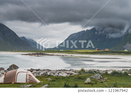Tent on sea shore, Lofoten Norway Tent on sea shore, Lofoten Norway 121967942