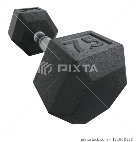 Hex Dumbbell with number 7.5, weightlifting gym equipment side view 121968138