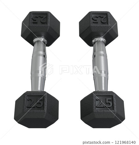 Two Hex Dumbbells with number 2.5, weightlifting gym equipment top view 121968140