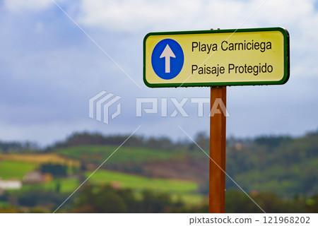 Information board Carniciega beach, Asturias coast in northern Spain. Information board Carniciega beach, Asturias coast in northern Spain. 121968202
