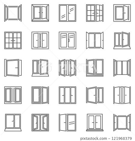 Opened Glass Windows outline icons set - vector house window symbols 121968379