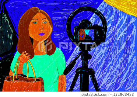 A woman is getting ready for an exciting video shoot with a camera and a tripod A woman is getting ready for an exciting video shoot with a camera and a tripod 121968458