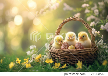 Fluffy chicks sit in a wicker basket with decorated Easter eggs in a garden setting 121968566
