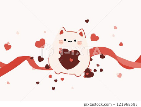 Illustration of a cat holding a heart and a ribbon 121968585