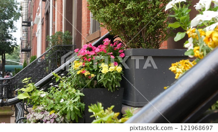 New York City townhouse building, Brooklyn Heights residential brownstone house architecture in USA. 121968697