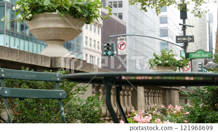 Fifth avenue, 5 ave road sign, Manhattan midtown architecture, New York City 5th av street corner. 121968699