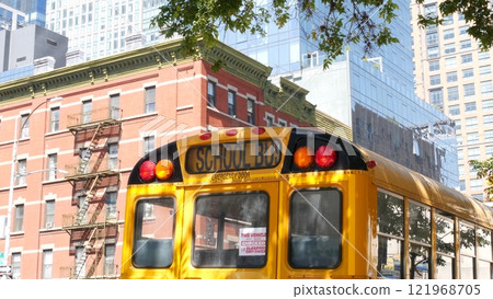 Yellow School Bus on New York Manhattan street, schoolbus truck on USA city road. Children education 121968705