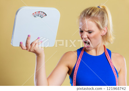 angry woman with scale, weight loss time for slimming angry woman with scale, weight loss time for slimming 121968742