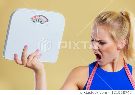 angry woman with scale, weight loss time for slimming angry woman with scale, weight loss time for slimming 121968743