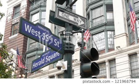 New York City crossroad, street intersection road sign. Manhattan Broadway, Herald Square, Midtown. 121968794