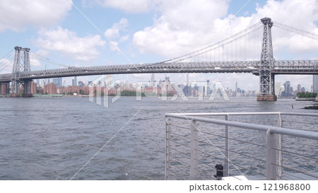 New York City skyline from ferry boat. Manhattan midtown, East river, Williamsburg Bridge, USA. New York City skyline from ferry boat. Manhattan midtown, East river, Williamsburg Bridge, USA. 121968800