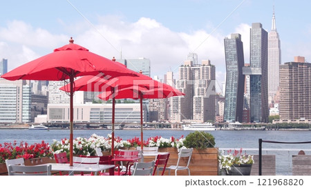 New York City waterfront skyline, Manhattan Midtown riverfront skyscrapers. Cityscape from Queens. New York City waterfront skyline, Manhattan Midtown riverfront skyscrapers. Cityscape from Queens. 121968820