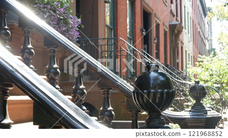 New York City townhouse building, Brooklyn Heights residential brownstone house architecture in USA. New York City townhouse building, Brooklyn Heights residential brownstone house architecture in USA. 121968852