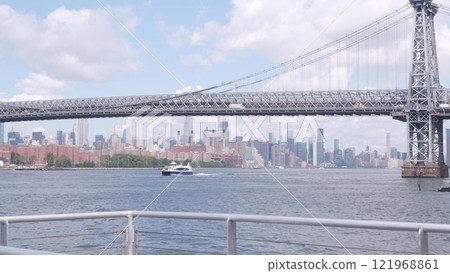 New York City skyline from ferry boat. Manhattan midtown, East river, Williamsburg Bridge, USA. 121968861