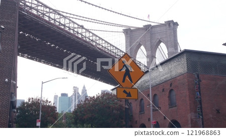 New York City Brooklyn Bridge. Red brick wall, old historic tobacco warehouse. Dumbo Market, Theater 121968863