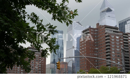 New York City residential red brick architecture, Hudson Yards, Chelsea, Manhattan Midtown street. 121968871
