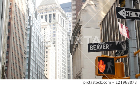 New York Manhattan Downtown Financial District, USA. American Wall street. Stock Exchange. Road sign 121968878