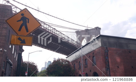 New York City Brooklyn Bridge. Red brick wall, old historic tobacco warehouse. Dumbo Market, Theater 121968886