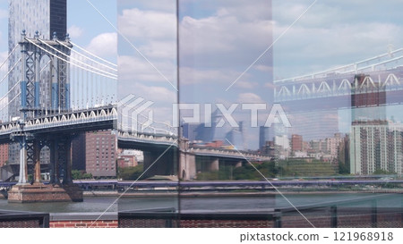 New York City Manhattan Bridge to Brooklyn Dumbo. Hudson Yards reflection, USA. Market rooftop view. New York City Manhattan Bridge to Brooklyn Dumbo. Hudson Yards reflection, USA. Market rooftop view. 121968918