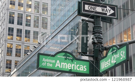 New York City crossroad, 42 street intersection road sign. 6 Sixth ave, Americas avenue. Bryant park 121968987