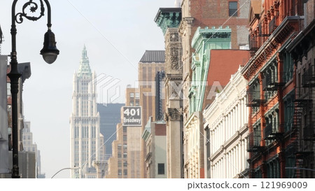 New York City Manhattan Soho fashion district near Broadway street. USA urban building architecture. 121969009