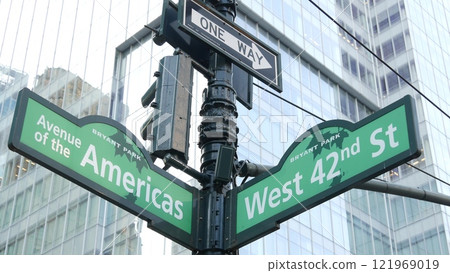 New York City crossroad, 42 street intersection road sign. 6 Sixth ave, Americas avenue. Bryant park 121969019