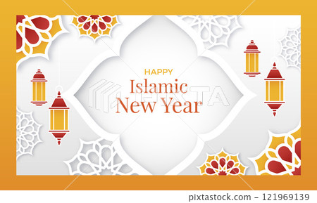 Paper style islamic new year twitch background with lanterns and flowers Paper style islamic new year twitch background with lanterns and flowers 121969139