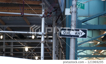 New York elevated subway, metropolitan bridge, metro track above street. Railway transport over road New York elevated subway, metropolitan bridge, metro track above street. Railway transport over road 121969295
