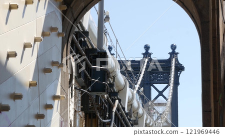 New York City Manhattan Bridge to Brooklyn Dumbo. Cables and sky from pedestrian path. Low angle. 121969446