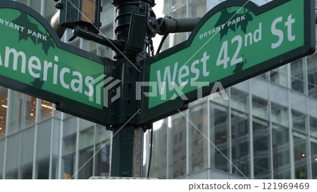 New York City crossroad, 42 street intersection road sign. 6 Sixth ave, Americas avenue. Bryant park 121969469
