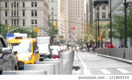 New York City Manhattan Downtown Financial District Church street. Yellow taxi, people. Defocused. New York City Manhattan Downtown Financial District Church street. Yellow taxi, people. Defocused. 121969554